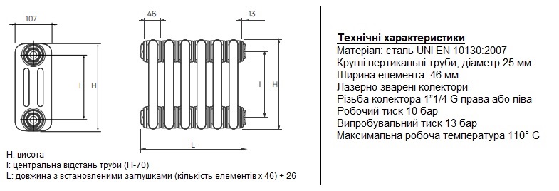 Технічні характеристики радіаторів DeLonghi Multicolumn 3 колони